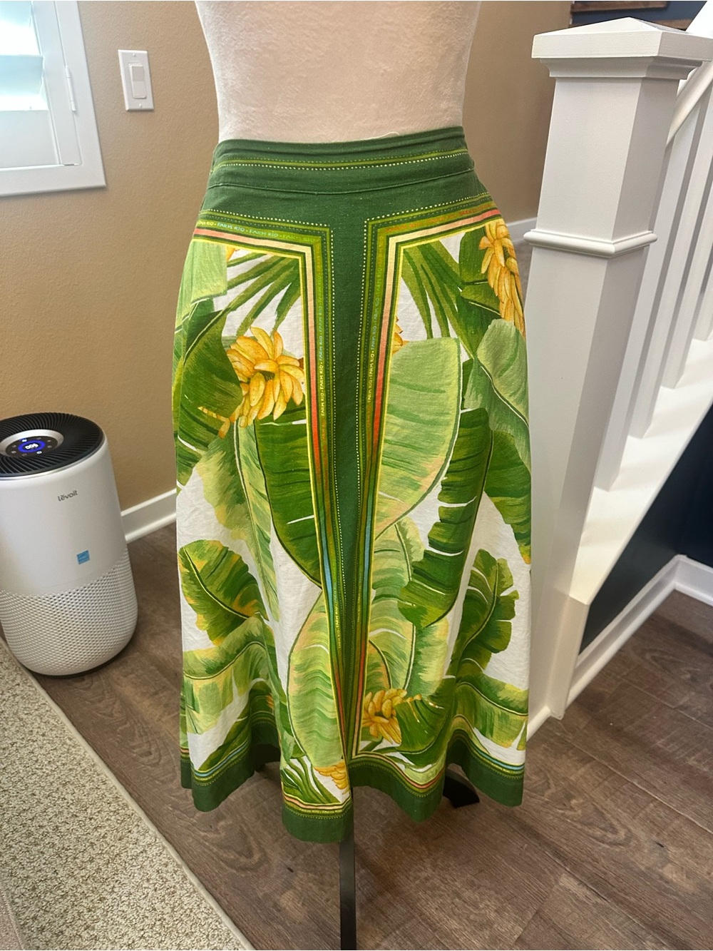 FARM Rio Green Tropical Panel A-Line Midi Skirt with Yellow Accents